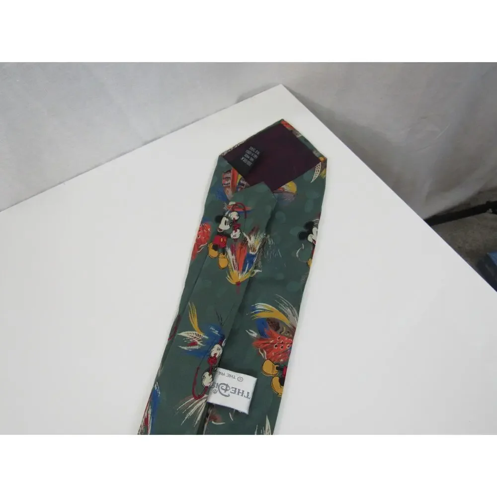 The Disney Store 100 Silk Mickey Mouse Tie Fly Fishing Graphic on Green Teal